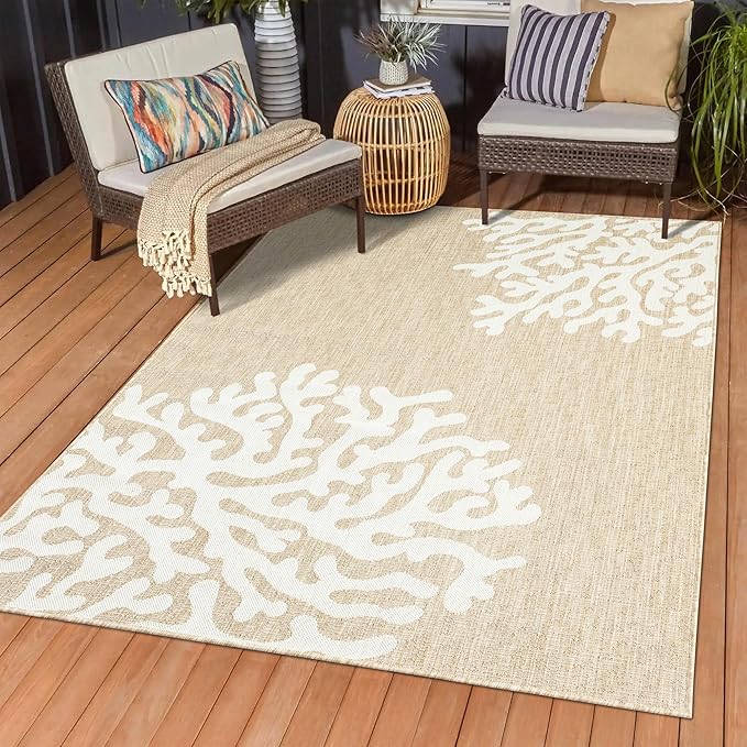 LR Home 7 x 9 Indoor/Outdoor Area Rug for Home Decor | Floral Carpet Suitable for Living Room, Bedroom, Playroom, Patio, Garden | Nautical Farmhouse Rug | Ivory/Beige