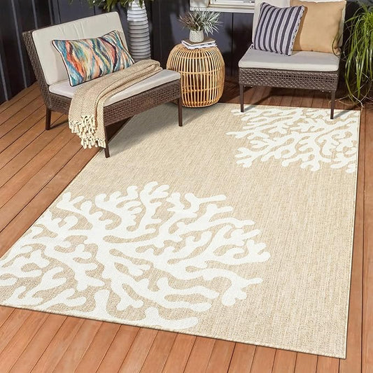 LR Home 7 x 9 Indoor/Outdoor Area Rug for Home Decor | Floral Carpet Suitable for Living Room, Bedroom, Playroom, Patio, Garden | Nautical Farmhouse Rug | Ivory/Beige