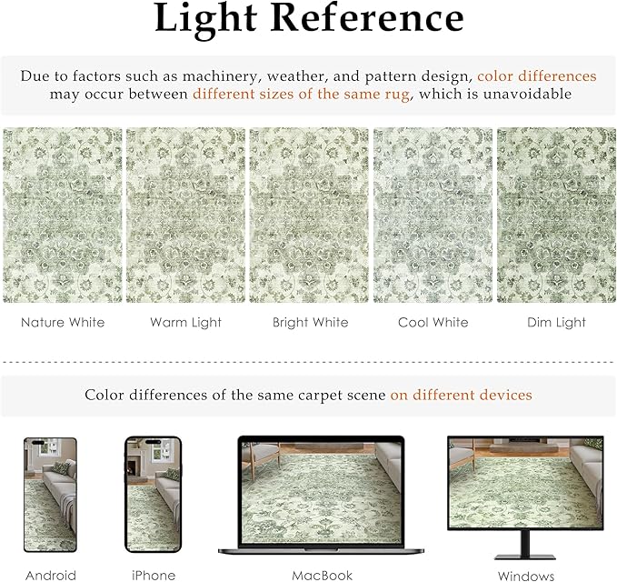 10x12 Neutral Area Rug Green Floral Living Room Bedroom Large Carpet Low Pile Vintage Non-Slip Soft Thin Washable Throw Rug for Dining Room Office Kitchen Indoor Nursery