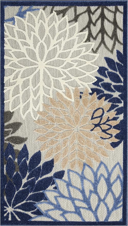 Nourison Aloha Indoor/Outdoor Blue/Multicolor 3' x 5' Area Rug, Tropical, Botanical, Easy Cleaning, Non Shedding, Bed Room, Living Room, Dining Room, Deck, Backyard, Patio (3x5)
