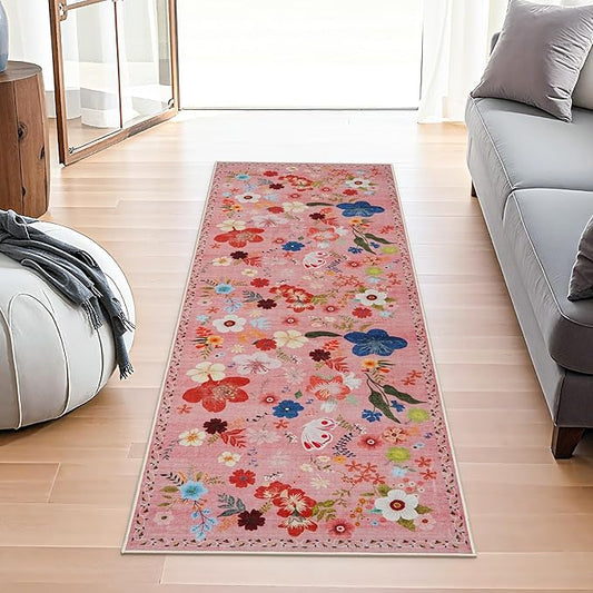 RUUGME Washable 2x5 Runner Rug - Boho Rugs for Living Room Kitchen Stain Resistant Carpet Vintage Rugs for Bedroom Bathroom with Non Slip Backing Home Decor Floor Decoration Mat 2x5 Flower Pink