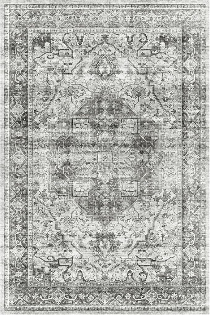 Washable Modern Rug 4x6, Small Distressed Anti-Skid Rugs for Living Room, Distressed Vintage Boho Rug Floor Carpet Bedroom Dining Room Office