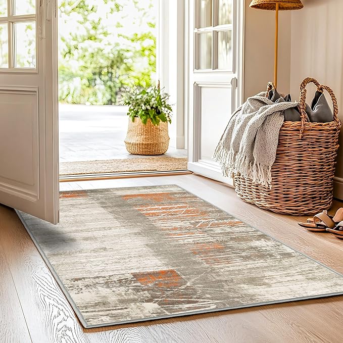 2x3 Washable Indoor Door Mat - Beige Multi Modern Abstract Rugs for Entryway, Soft Small Area Rug, Non-Slip Low-Pile Thin Door Mat for Inside Entry, Rugs for Indoor Front Entrance Kitchen