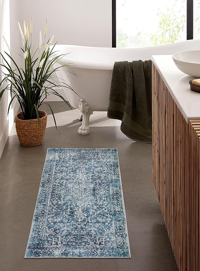 Morebes Boho Blue Rug for Bathroom 2x4.3, Washable Hallway Runner Rug Non Slip Soft Bath Mat, Vintage Medallion Low Pile Indoor Floor Carpets for Entrance Bedroom Kitchen