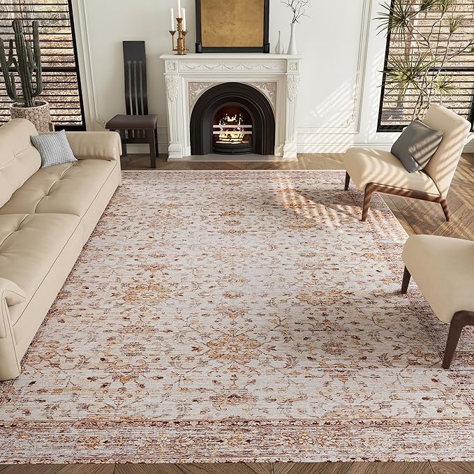 5x7 Rug, Washable Neutral Boho Modern Vintage Non Slip Floral Area Carpet, Low Pile Soft Rugs, Slip Resistance, Pet-Friendly, Durable Rug for Living Room, Bedroom, Kitchen, Dining Room