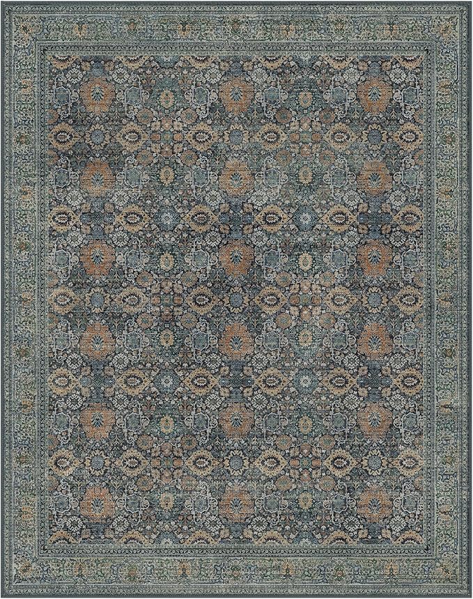 10X12 Area Rugs Machine Washable Rugs for Living Room, Vintage Boho Large Rugs for Bedroom Dining Room, Non Slip Indoor Soft Distressed Lightweight Thin Low Pile Carpet, Beige Blue Grey