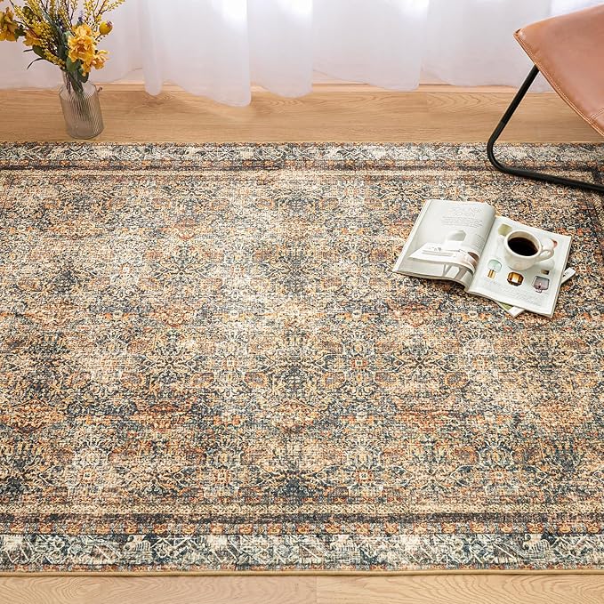 Phantoscope Vintage Collection Area Rug 5'x7' for Living Room - Washable Rug Large Boho Carpet Non-Slip for Bedroom Dining Room, Indoor Low-Pile Neutral Distressed Accent Rug, Dark Brown/Orange Spice