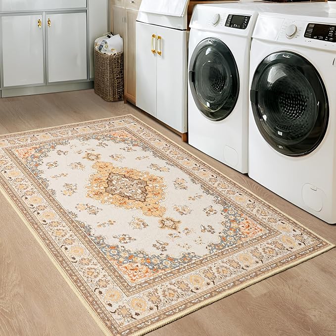 Tepook 2x3 Vintage Washable Rug - Non-Slip Low-Pile Door Mat for Entryway, Kitchen, Bedroom, Bathroom, Foyer - Indoor Throw Rug in Beige