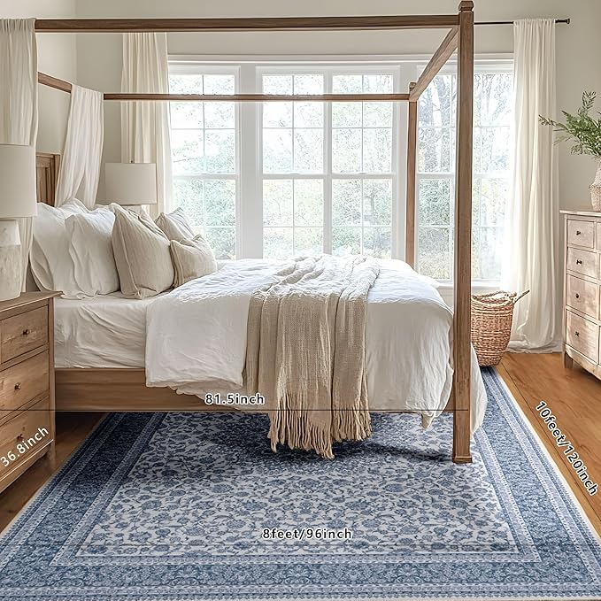 Floral Washable Area Rug 8x10, Spill-Proof Surface, Non-Slip Backing, Cozy Soft Faux Wool, Printed Rug for Living Room, Bedroom, Dining Room, Nursery - Ieve