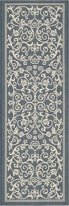 SAFAVIEH Courtyard Collection CY2098 Scroll Indoor/ Outdoor Non-Shedding Easy Cleaning Patio Backyard Porch Deck Mudroom Runner, 2'3" x 6'7" , Navy / Beige