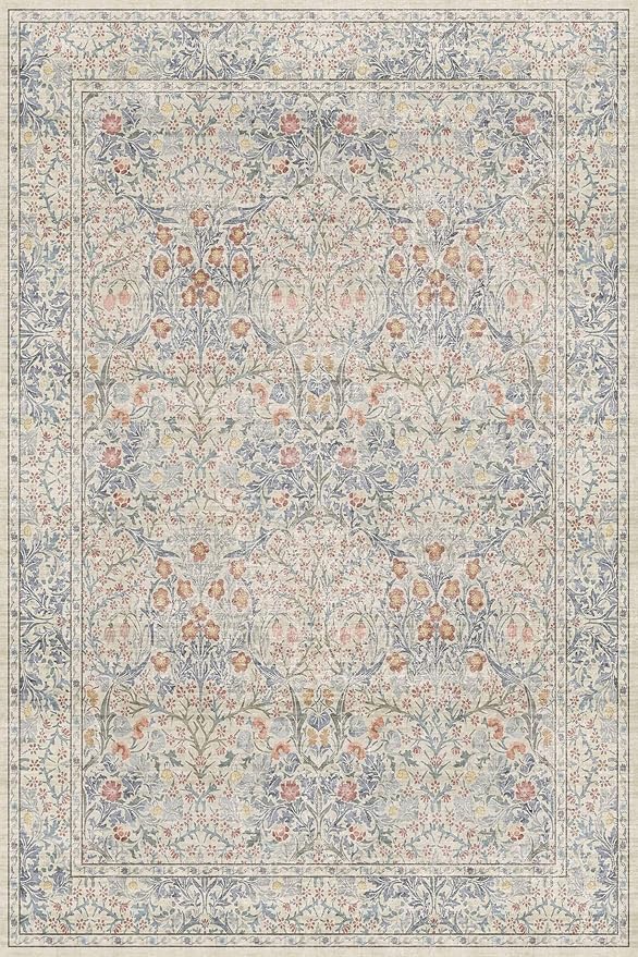 Vintage Washable Dark Green Area Rugs for Living Room, Bedroom, Dining Room, Kitchen, Entryway, Bathroom, Low Pile Non Slip Stain Resistance Distressed Retro Indoor (Beige Blue, 4' x 6')