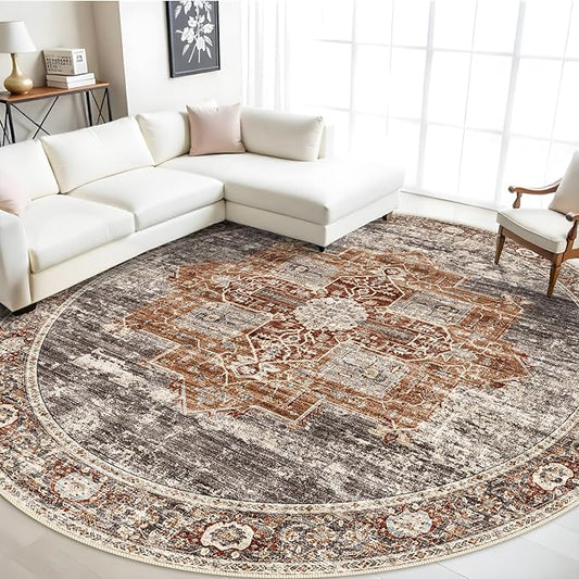 RUUGME Washable 9 ft Round Area Rug - Large Boho Rugs for Living Room Stain Resistant Carpet Vintage Tribal Rugs for Bedroom Kitchen Bathroom with Non Slip Backing Decor Floor Mat 9ft Brick
