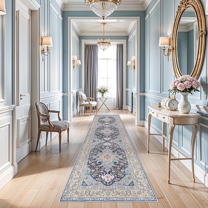 3x12 Washable Oriental Runner Rug - Non Slip Rubber Backing Low Pile Stain Resistant Carpet for Hallway Entryway Kitchen - Neutral Farmhouse Waterproof Mat - 3x12 Blue/Beige Multi