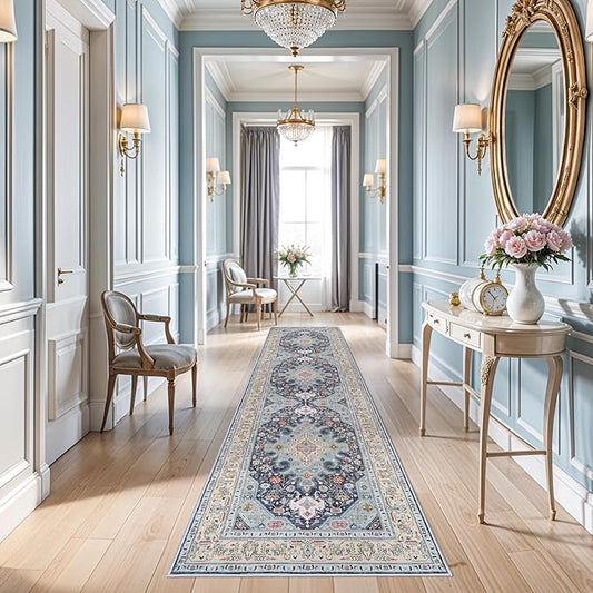 3x12 Washable Oriental Runner Rug - Non Slip Rubber Backing Low Pile Stain Resistant Carpet for Hallway Entryway Kitchen - Neutral Farmhouse Waterproof Mat - 3x12 Blue/Beige Multi