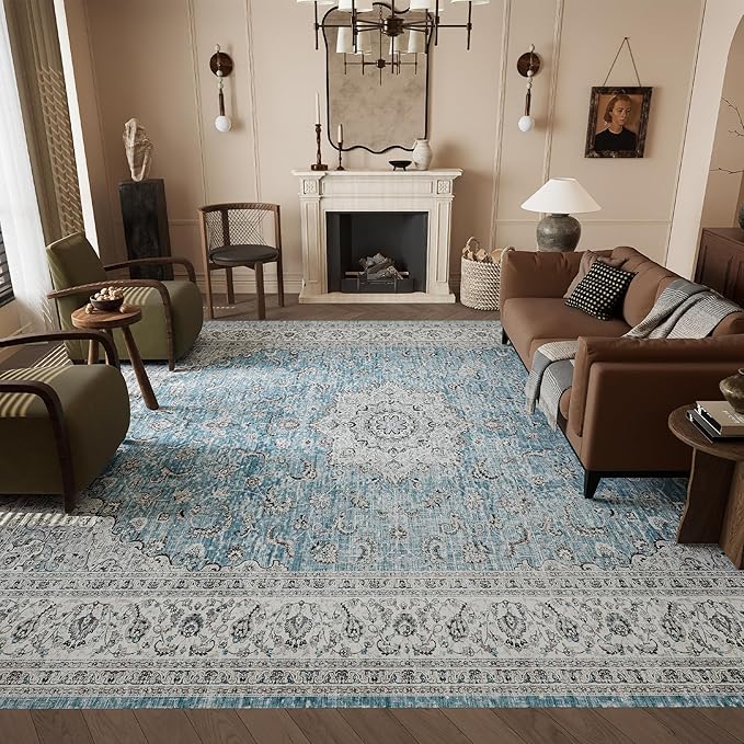 8x10 Rug, Washable Neutral Boho Modern Vintage Non Slip Floral Area Rugs, Low Pile Soft Rugs, Area Rugs, Slip Resistance Carpet, Pet-Friendly Carpet, Durable Rug for Living Room, Bedroom