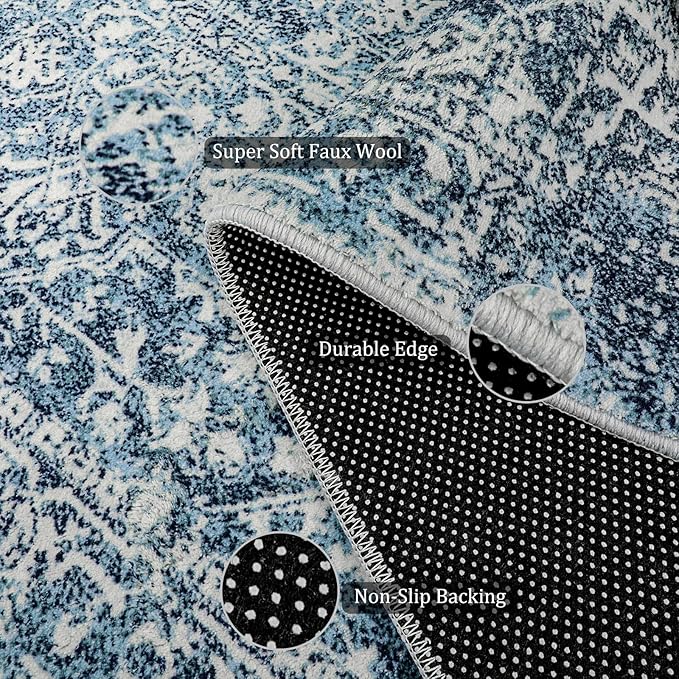 Morebes Vintage Blue 5x7 Rugs for Living Room, Washable Large Bedroom Area Rug with Non Slip Rubber Backed, Stain Resistant Low Pile Soft Indoor Carpet for Dining Room Office Kitchen