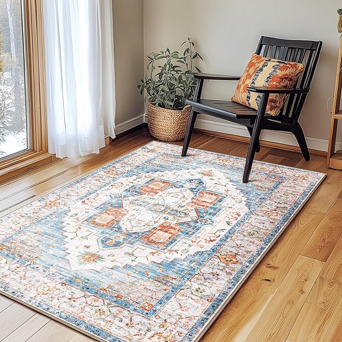 Washable 3x5 Area Rugs, Rugs for Living Room, Low-Pile Water&Stain Resistant Carpet Vintage Distressed Printed Non-Slip Carpet for Bedroom Bathroom Kitchen-Blue