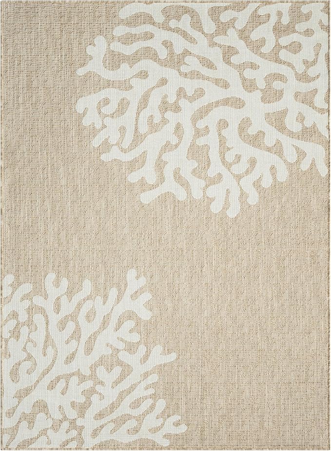 LR Home 7 x 9 Indoor/Outdoor Area Rug for Home Decor | Floral Carpet Suitable for Living Room, Bedroom, Playroom, Patio, Garden | Nautical Farmhouse Rug | Ivory/Beige