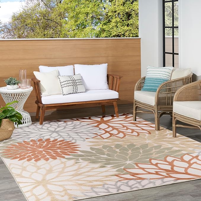 Nourison Aloha Indoor-Outdoor Ivory Multicolor 9' x 12' Area Rug, Easy Cleaning, Non Shedding, Bed Room, Living Room, Dining Room, Backyard, Deck, Patio (9x12)