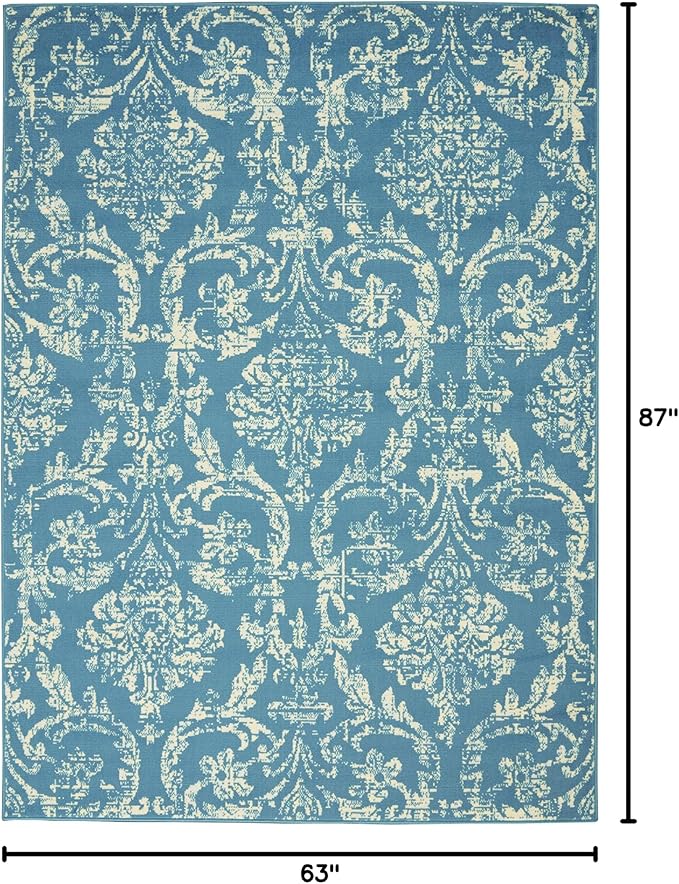 Nourison Jubilant Damask Blue 5'3'' x 7'3'' Area-Rug, Easy-Cleaning, Non Shedding, Bed Room, Living Room, Dining Room, Kitchen (5x7)