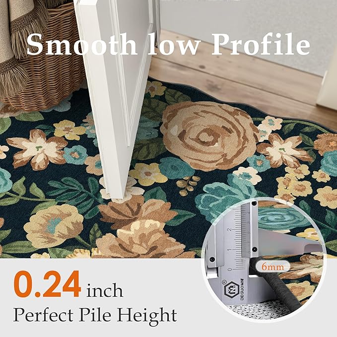 Washable Floral Runner Rug 2x6 Black Hallway Carpet Scalloped Flower Non Slip Soft Long Kitchen Runner Farmhouse Low Pile Thin Indoor Floor Cover for Bathroom Bedroom Laundry Room Entryway