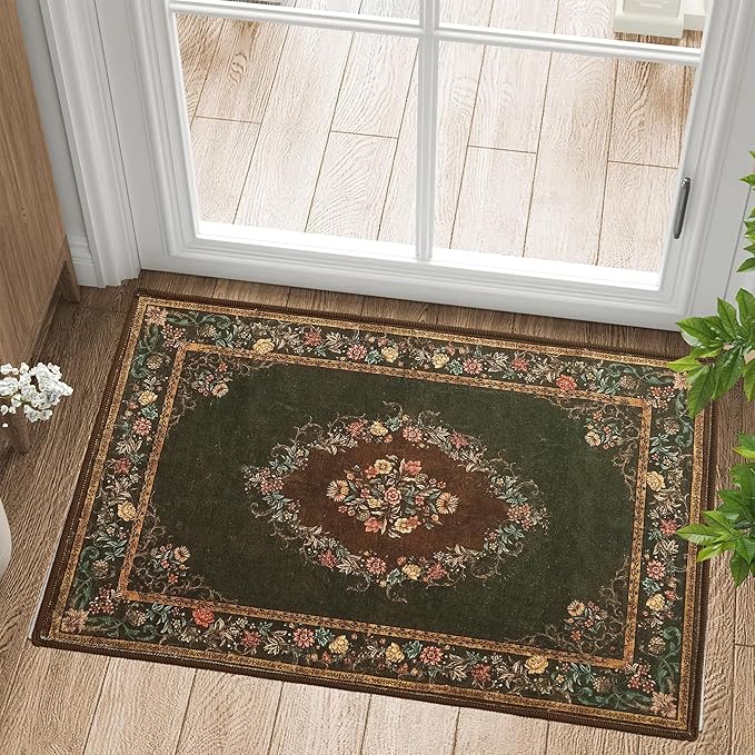 RYB HOME Stain Resistant Kitchen Rug Machine Washable, Floral Vintage Entrance Door Mat Carpet, Soft Wool Non Slip for Hallway Bathroom Laundry Foyer, 2x3ft