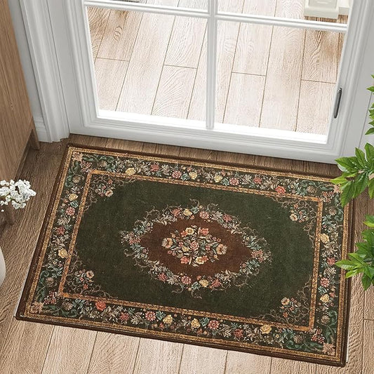 RYB HOME Stain Resistant Kitchen Rug Machine Washable, Floral Vintage Entrance Door Mat Carpet, Soft Wool Non Slip for Hallway Bathroom Laundry Foyer, 2x3ft