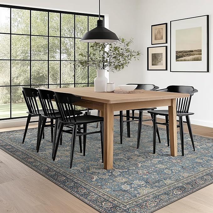 8X10 Area Rugs Machine Washable Rugs for Living Room, Vintage Boho Large Rugs for Bedroom Dining Room, Non Slip Indoor Soft Distressed Lightweight Thin Low Pile Carpet, Vintage Blue