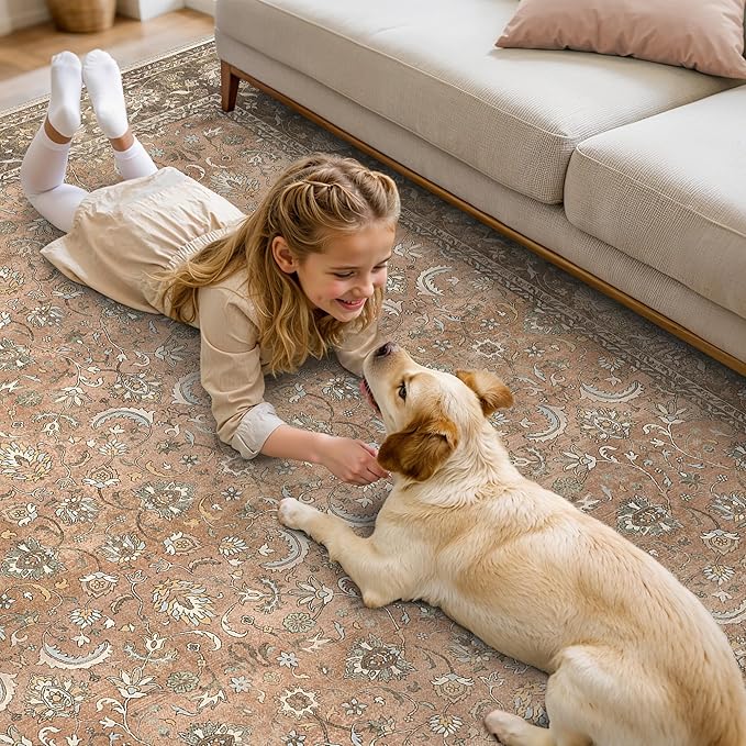 10X12 Area Rugs Machine Washable Rugs for Living Room, Vintage Boho Large Rugs for Bedroom Dining Room, Non Slip Indoor Soft Distressed Lightweight Thin Low Pile Carpet, Chestnut