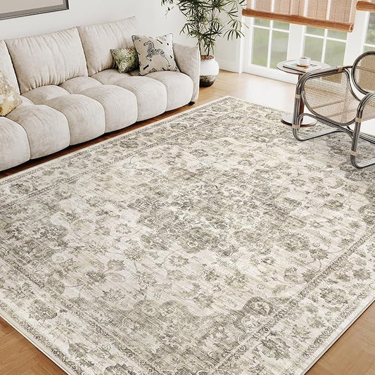 5x7 Washable Neutral Area Rug Taupe Floral Living Room Bedroom Carpet Non-Slip Low Pile Vintage Soft Thin Throw Rug for Dining Room Entryway Dorm Office Kitchen Bathroom