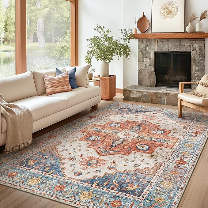 8X10 Area Rugs Machine Washable Rugs for Living Room, Vintage Boho Large Rugs for Bedroom Dining Room, Non Slip Indoor Soft Distressed Lightweight Thin Low Pile Carpet, Blue Beige Orange