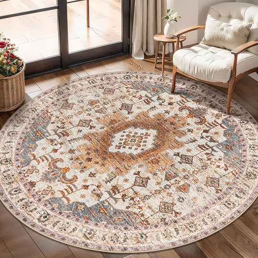Vintage Round Rug 4ft, Washable Circle Rug, Non Slip Small Boho Round Rug, Low Pile Circular Rugs, Round Carpet for Bedroom,Entryway,Nursery,Dorm,Kitchen,Turmeric