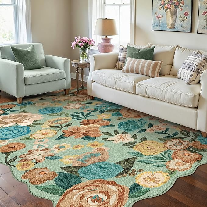 Washable Floral Area Rug 3x5 Green Office Carpet Scalloped Flower Non Slip Soft Entrance Door Mat Farmhouse Low Pile Thin Indoor Floor Cover for Kitchen Bathroom Bedroom Laundry Living Room