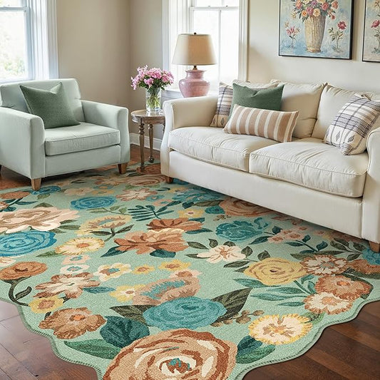 Washable Floral Area Rug 4x6 Green Office Carpet Scalloped Flower Non Slip Soft Living Room Rug Farmhouse Low Pile Thin Indoor Floor Cover for Bathroom Bedroom Kitchen Laundry Dining Room