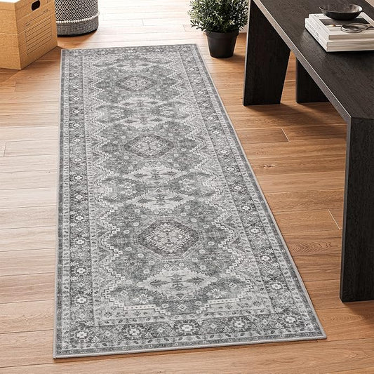 Rugland 2'6x8' Runner Rug - Stain Resistant Entryway Rug, Anti Slip Backing Hallway Runner, Vintage Tribal Area Rugs (TPR07-Grey, 2'6x8')