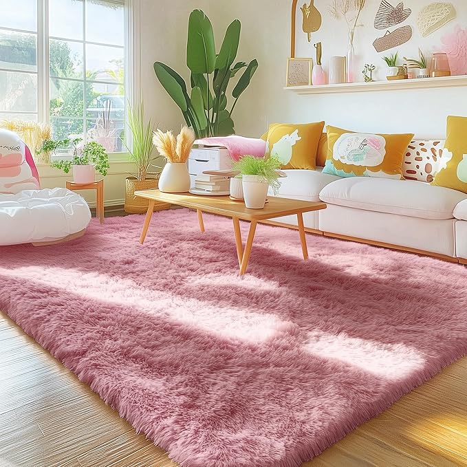 OLANLY Area Rugs for Living Room Bedroom, Machine Washable 4x5.9 Feet Soft Fluffy Shaggy Bedside Rug, Indoor Floor Carpet for Kids Girls Boys, Dorms, Nursery Rooms, Home Decor Aesthetic, Pale Pink