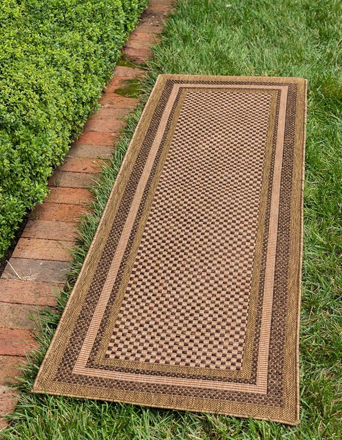 Unique Loom Outdoor Border Collection Area Rug - Multi Border (2' 2" x 6' Runner, Light Brown/ Brown)
