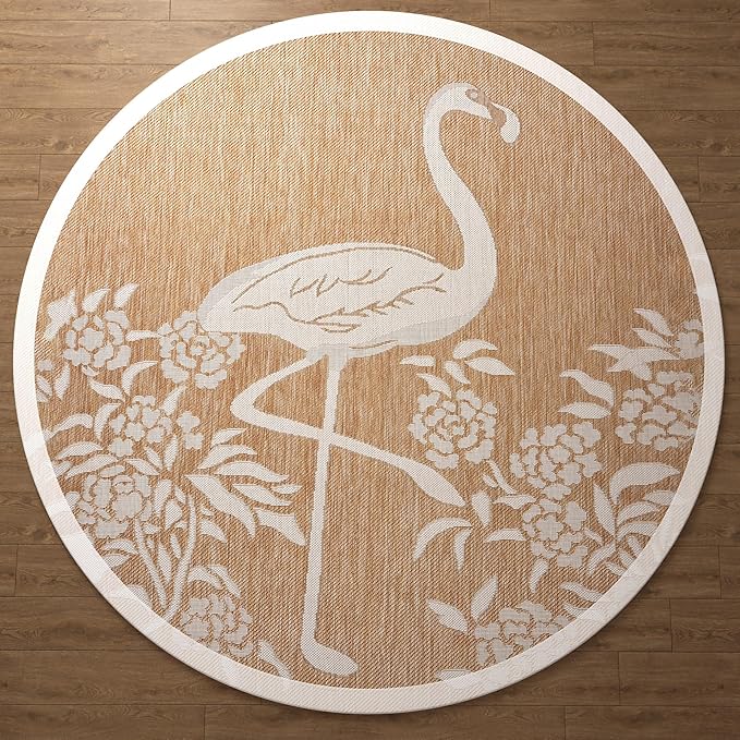 LR Home 5ft Round Indoor/Outdoor Area Rug for Home Decor | Flamingo Large Size Carpet for Living Room, Bedroom, Playroom, Patio, Garden | Tropical Farmhouse Rug | Beige/Tan