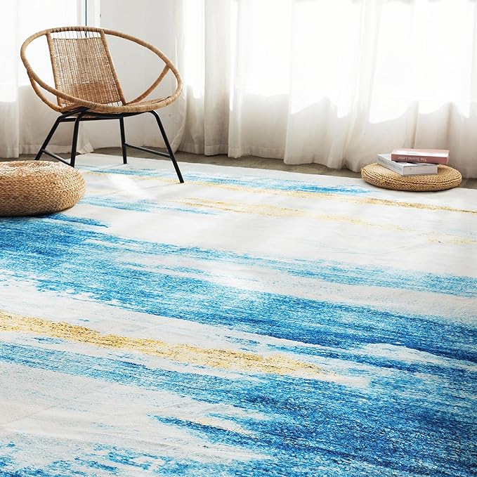 Carvapet Rugs for Living Room, Blue Modern Abstract Low Pile Large Carpet with Rubber Backing, Foldable, Non Slip Machine Washable (12 x 9 Feet Rectangular, Sky Blue Area Rug)