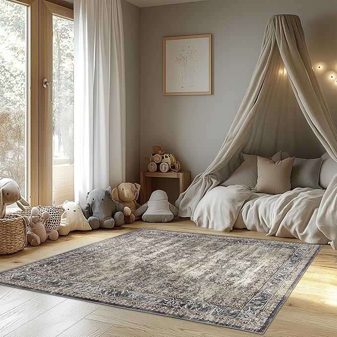 Washable Non-Slip Area Rug 3x5 ft - Boho Indoor Outdoor Rug for Entryway, Porch, Kitchen, Patio - Brown Runner Rug for Home Decor