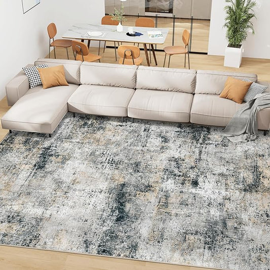10x14 Area Rugs Living Room Rugs: Large Washable Rug with Anti-Slip Backing Non-Shedding Stain-Resistant Soft Abstract Carpet for Bedroom Dining Room Nursery Home Office Black Grey Brown