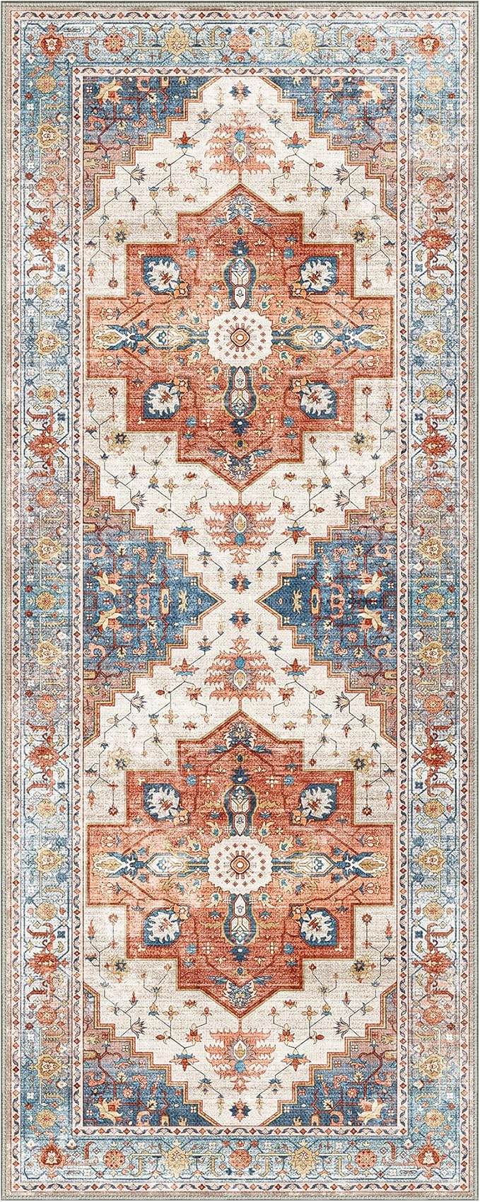 2X10 Area Rugs Machine Washable Runner Rugs for Living Room, Vintage Boho Rugs for Bedroom Dining Room, Non Slip Indoor Soft Distressed Lightweight Thin Low Pile Carpet, Blue Beige Orange