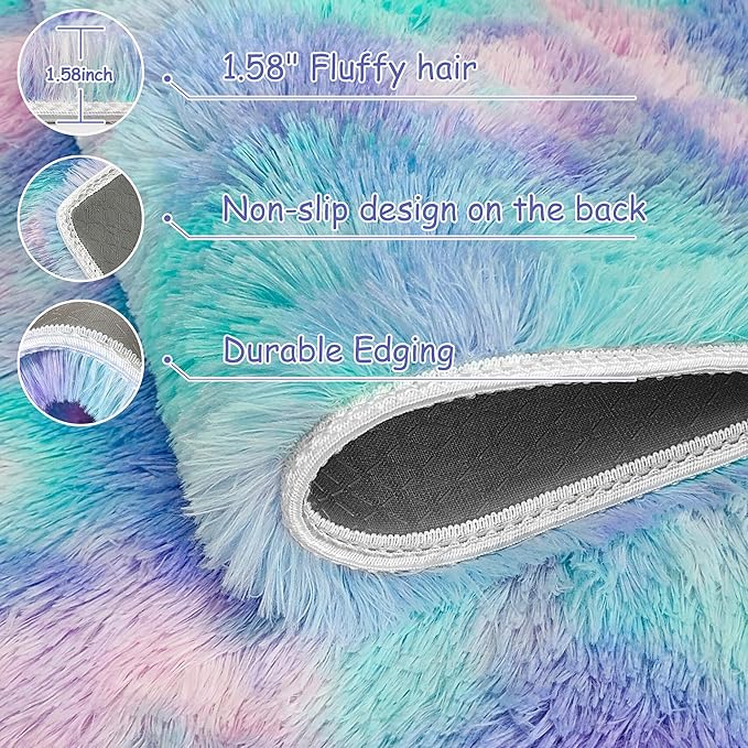 3x5Ft Purple Rainbow Area Rugs for Girls Room, Fluffy Colorful Rugs Cute Floor Carpets Shaggy Playing Mat for Kids Baby Girls Bedroom Nursery Home Decor Tie-Dyed Rainbow Rugs