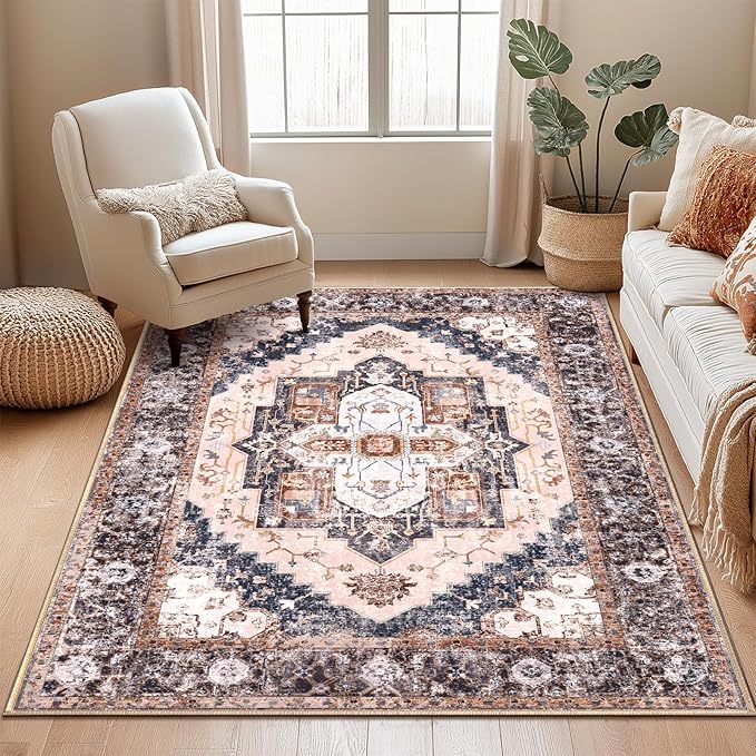 Washable 3x5 Area Rugs, Rugs for Living Room, Low-Pile Water&Stain Resistant Carpet Vintage Distressed Printed Non-Slip Carpet for Bedroom Bathroom Kitchen-Pink/Brown/Navy Blue/Black