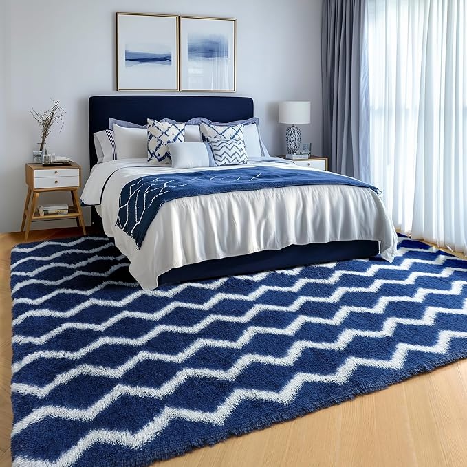RUGTUDER Fluffy Rugs for Bedroom, 4x6 Washable Shag Striped Rug Fuzzy Plush Rug for Living Room, Chevron Pattern Soft Shaggy Area Rug for Kids Boys Room Teen Dorm Classroom Decor, Navy Blue and White