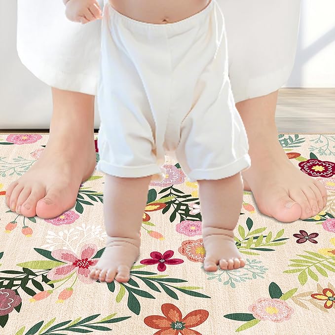 2x3 Washable Indoor Door Mat - Boho Beige Floral Rugs for Entryway, Soft Small Area Rug, Non-Slip Low-Pile Thin Door Mat for Inside Entry, Rugs for Indoor Front Entrance Kitchen Bathroom