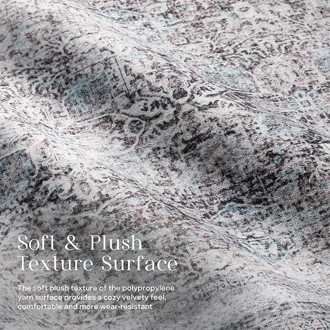 Phantoscope Vintage Collection Area Rug 9'x12' - Washable Rug Boho Rugs Non-Slip for Living Room, Bedroom, Dining Room, Dorm, Indoor Low-Pile Carpet Distressed Accent Rug, Blue/Grey