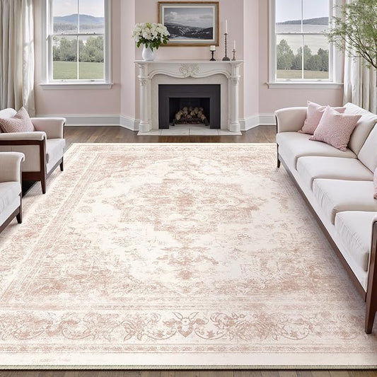 Washable Rug 8x10 Area Rug for Living Room Pink Vintage Boho Medallion Large Distressed Retro Carpet Non Slip Indoor Low Pile Small Soft Bedroom Dining Room Home Office