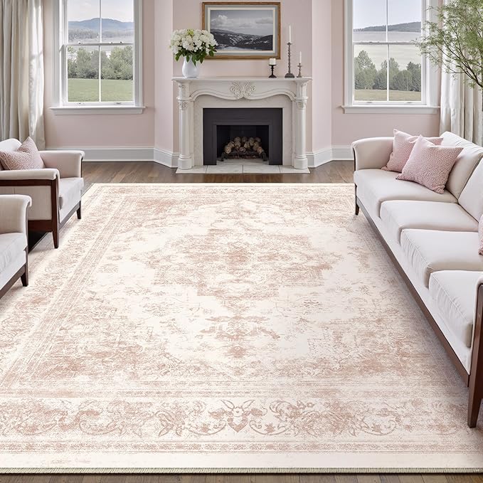 Washable Rug 9x12 Area Rug for Living Room Pink Vintage Boho Medallion Large Distressed Retro Carpet Non Slip Indoor Low Pile Small Soft Bedroom Dining Room Home Office