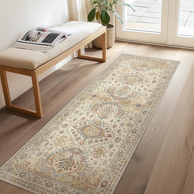 2x5 Runner Rug Non Slip, Machine Washable Rug Runners for Hallways, Vintage Distressed Print Kitchen Runner, Low Pile Lightweight Carpet Runner for Entryway, Laundry, Bedroom, Bathroom Light Brown